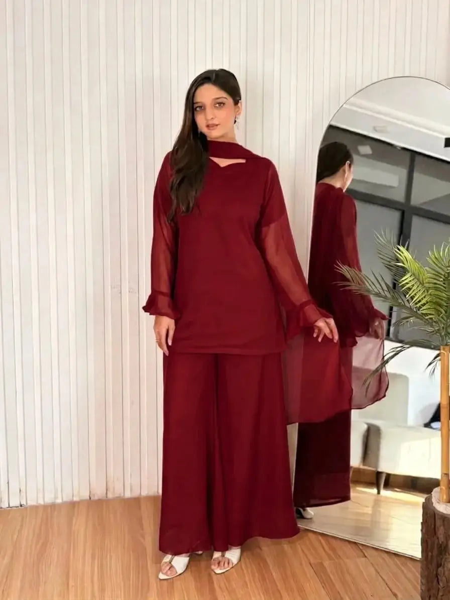 3 Pcs Women's Stitched Chiffon Plain Suit