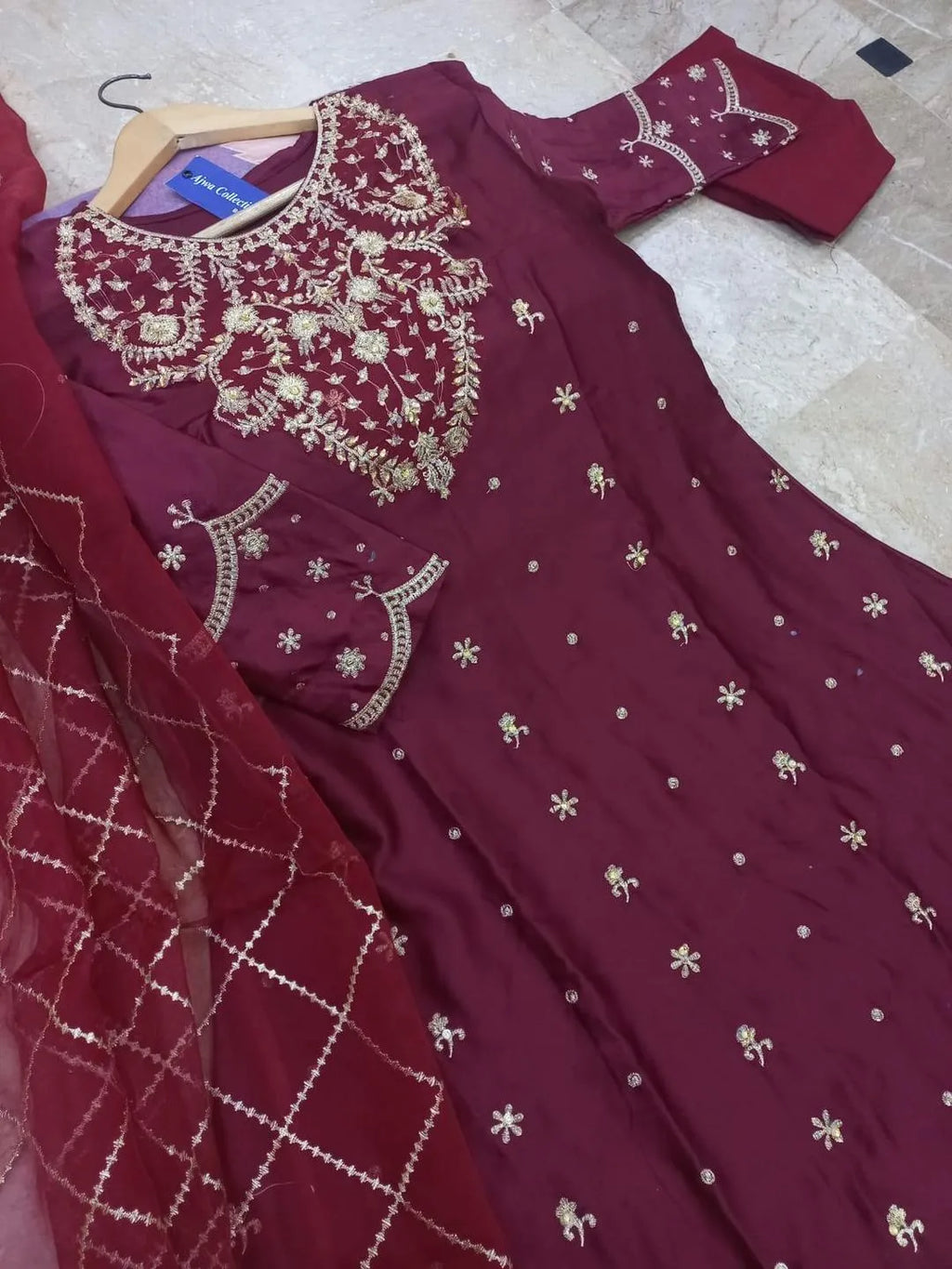Maroon Embroidered 3Pcs Maxi Suit With Dupatta