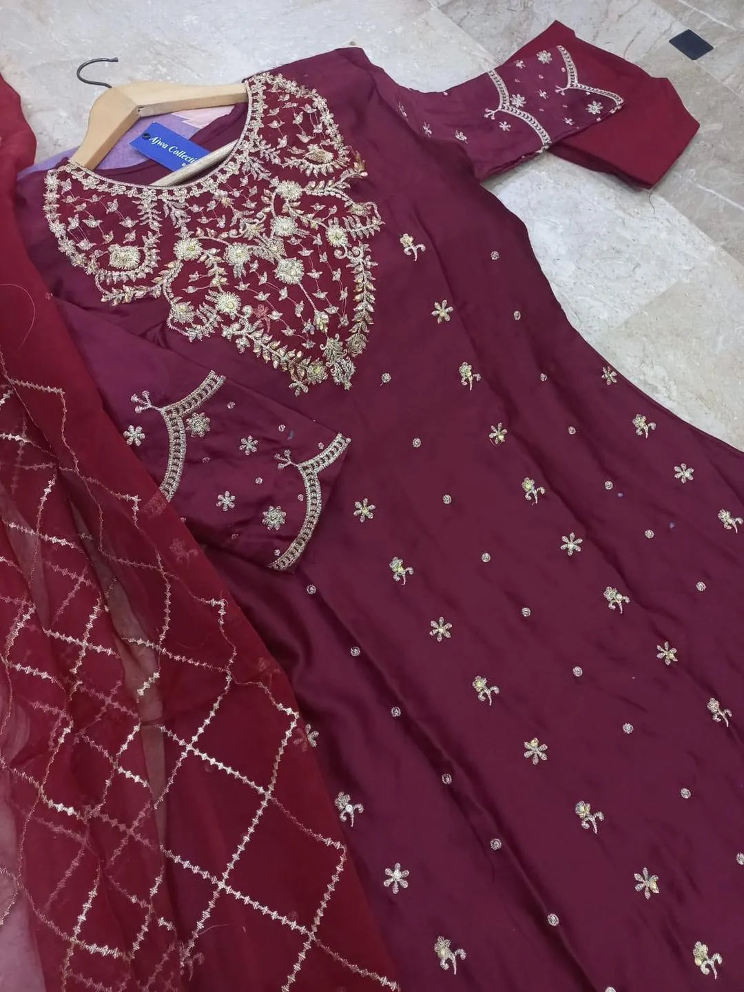 Maroon Embroidered 3Pcs Maxi Suit With Dupatta