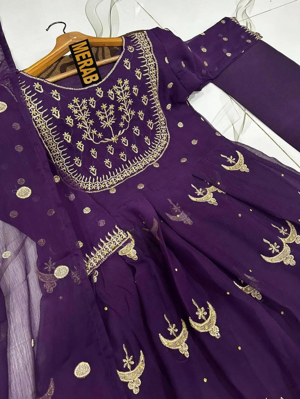 Purple Chiffon Handwork Maxi Suit 3Pcs Set