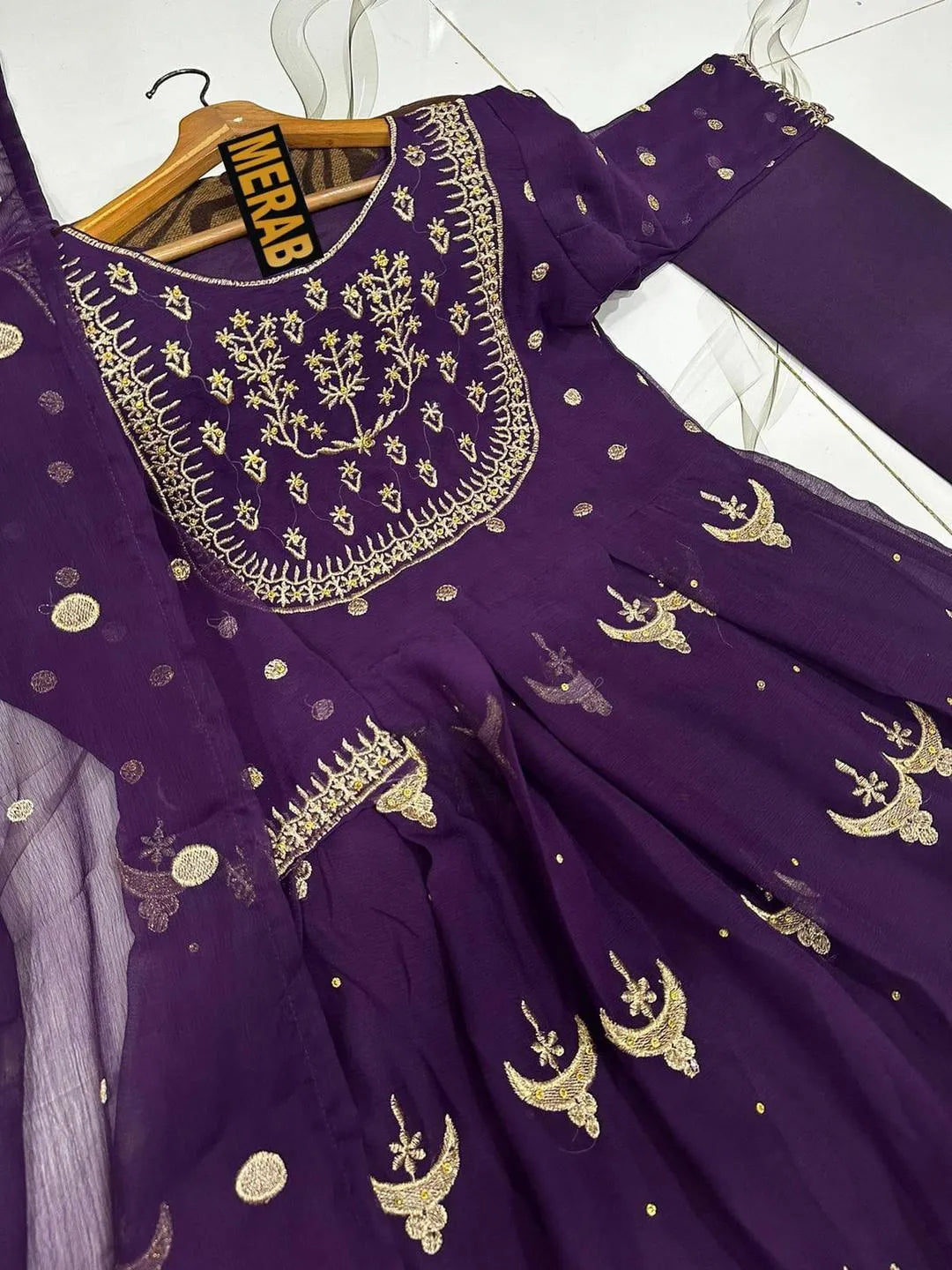 Purple Chiffon Handwork Maxi Suit 3Pcs Set