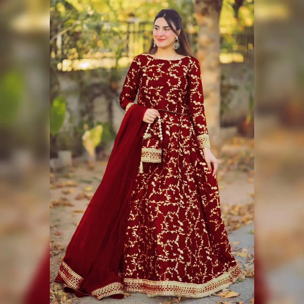 Maroon Embroidered Lehenga Choli Set with Dupatta