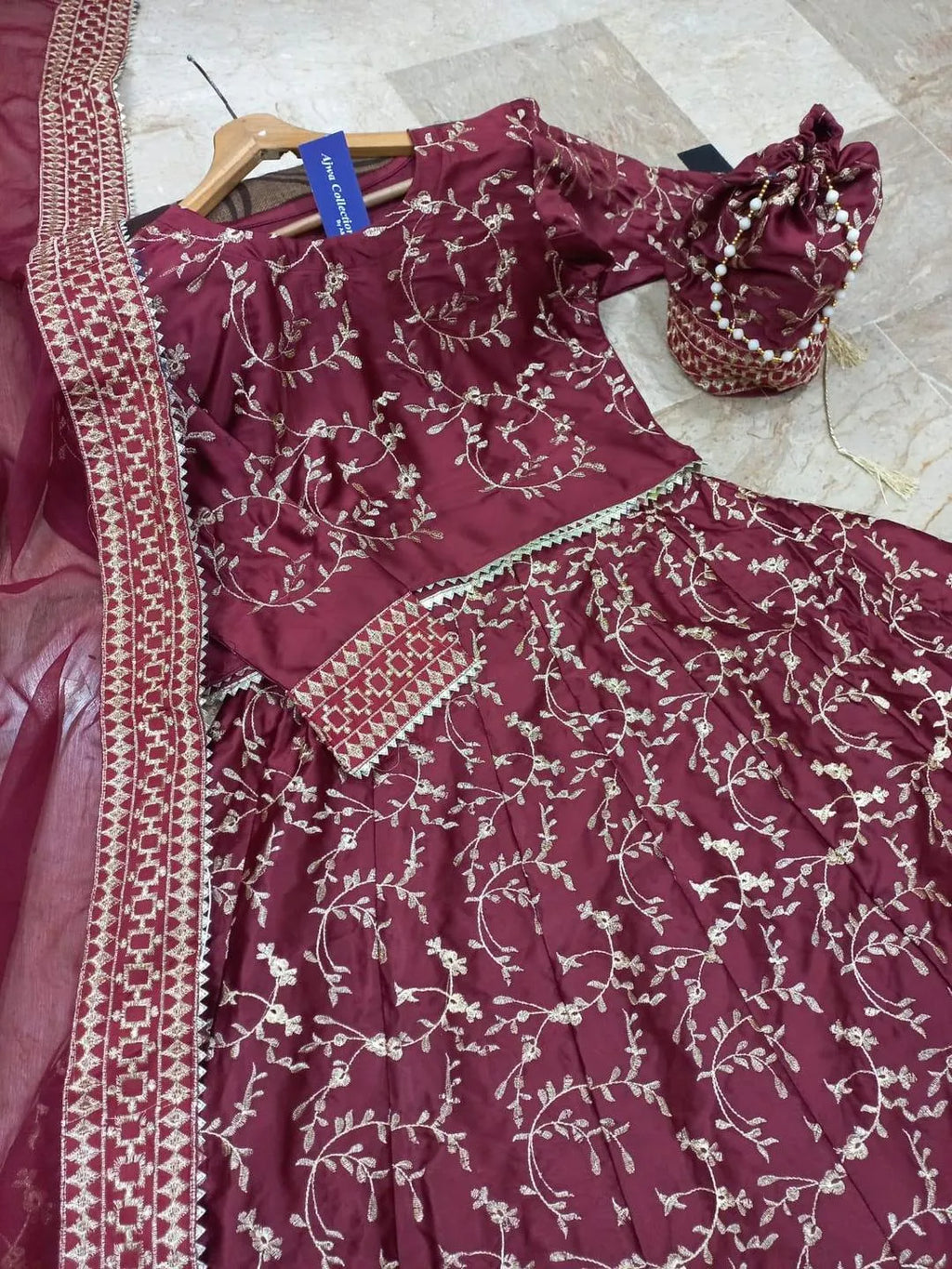 Maroon Embroidered Lehenga Choli Set with Dupatta