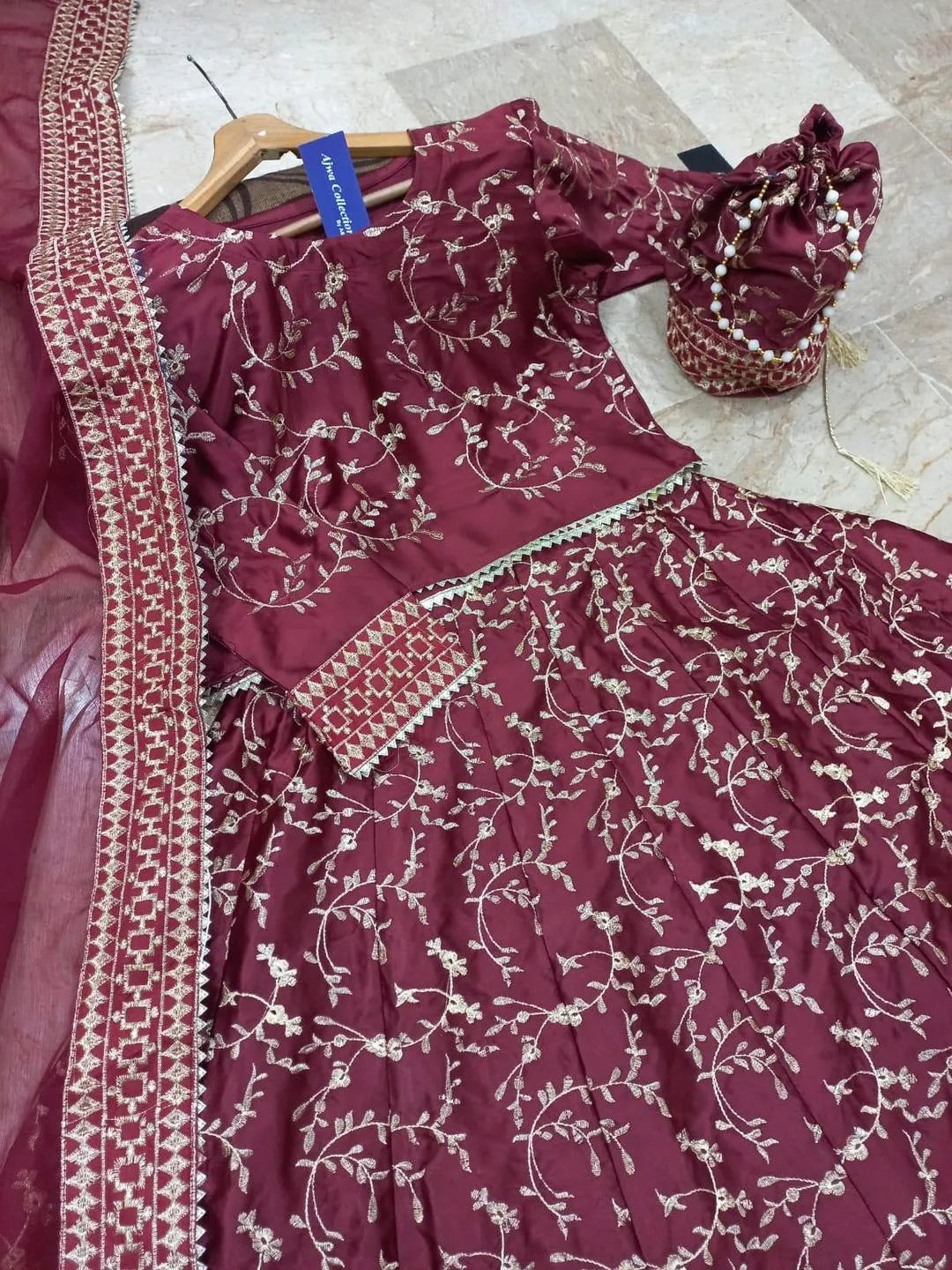 Maroon Embroidered Lehenga Choli Set with Dupatta
