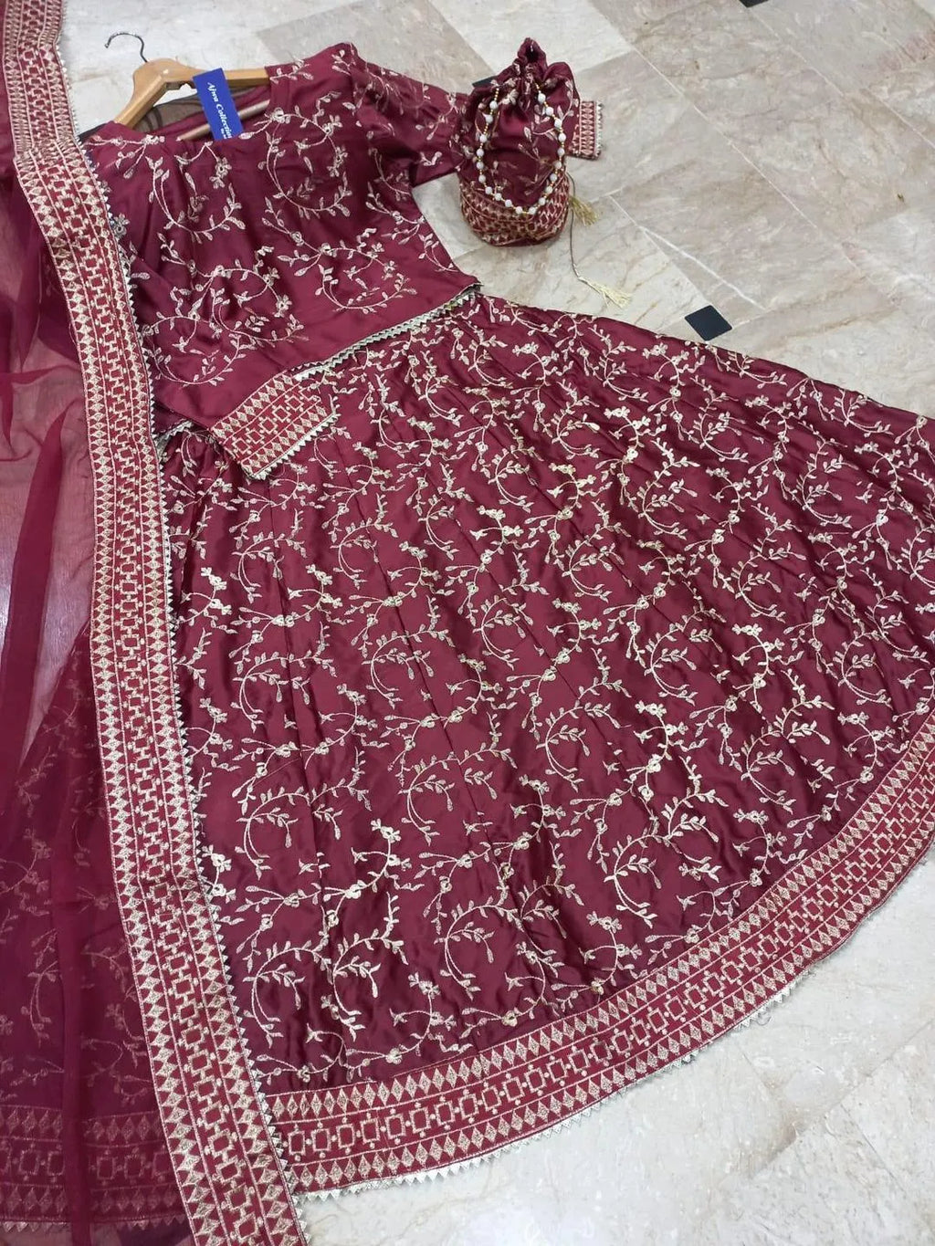 Maroon Embroidered Lehenga Choli Set with Dupatta