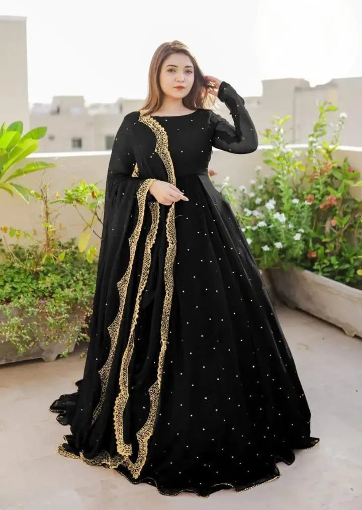 Black Chiffon 3-Piece Wedding Maxi Set with Gold Trim & Pearl Work