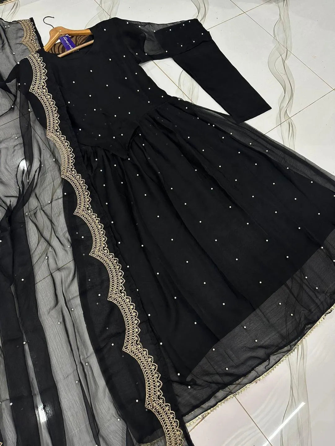 Black Chiffon 3-Piece Wedding Maxi Set with Gold Trim & Pearl Work