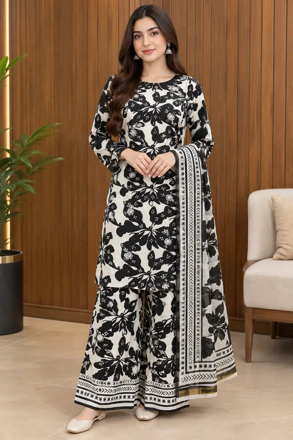 3Pcs Women's Stitched Grip Silk Printed Suit