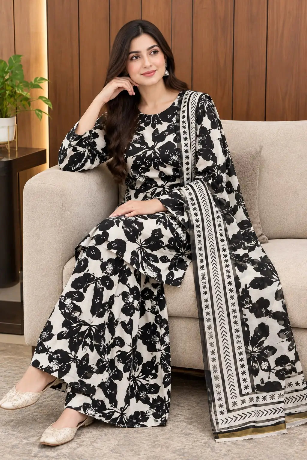 3Pcs Women's Stitched Grip Silk Printed Suit