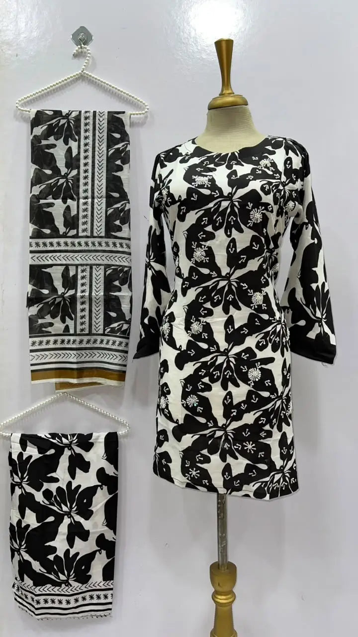 3Pcs Women's Stitched Grip Silk Printed Suit