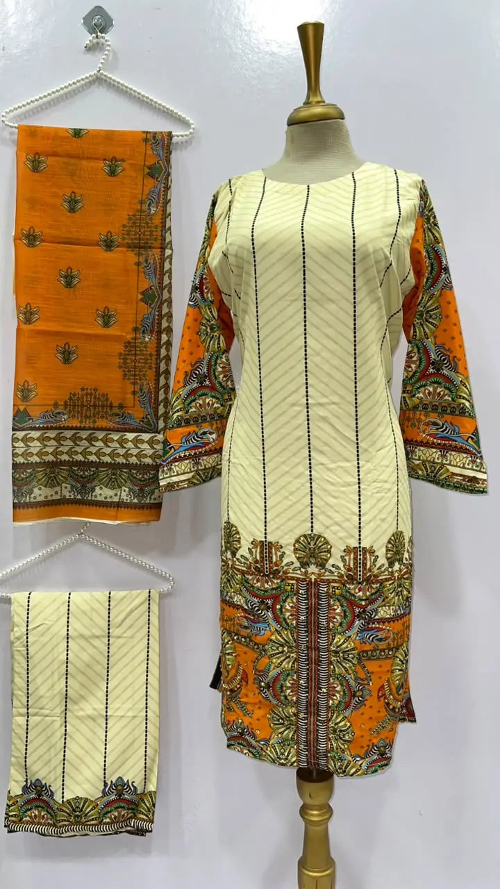 3 Pcs Women's Stitched Grip Silk Printed Suit