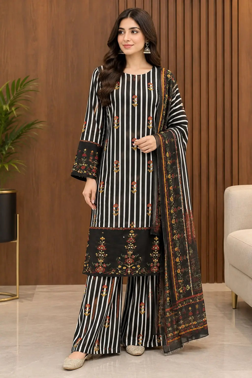3Pcs Women's Stitched Grip Silk Printed Suit