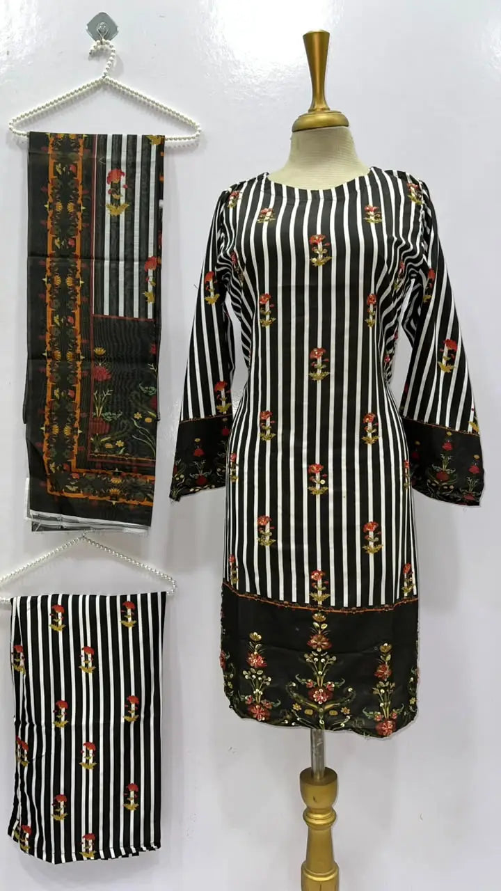 3Pcs Women's Stitched Grip Silk Printed Suit