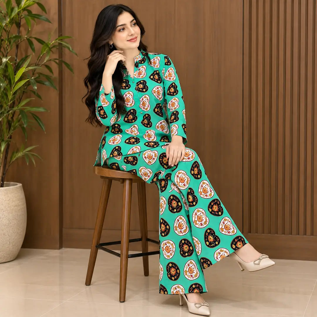 2 Pcs Women's Stitched Linen Printed Co-Ord Set