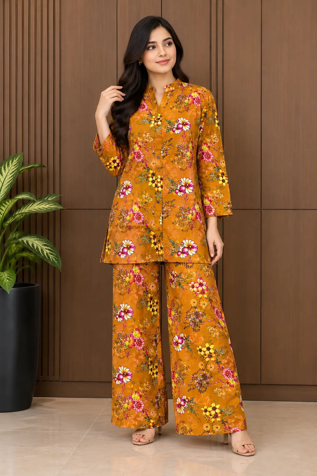 2 Pcs Women's Stitched Linen Printed Co-Ord Set
