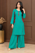 2 Pcs Women's Stitched Linen Plain Shirt And Trouser