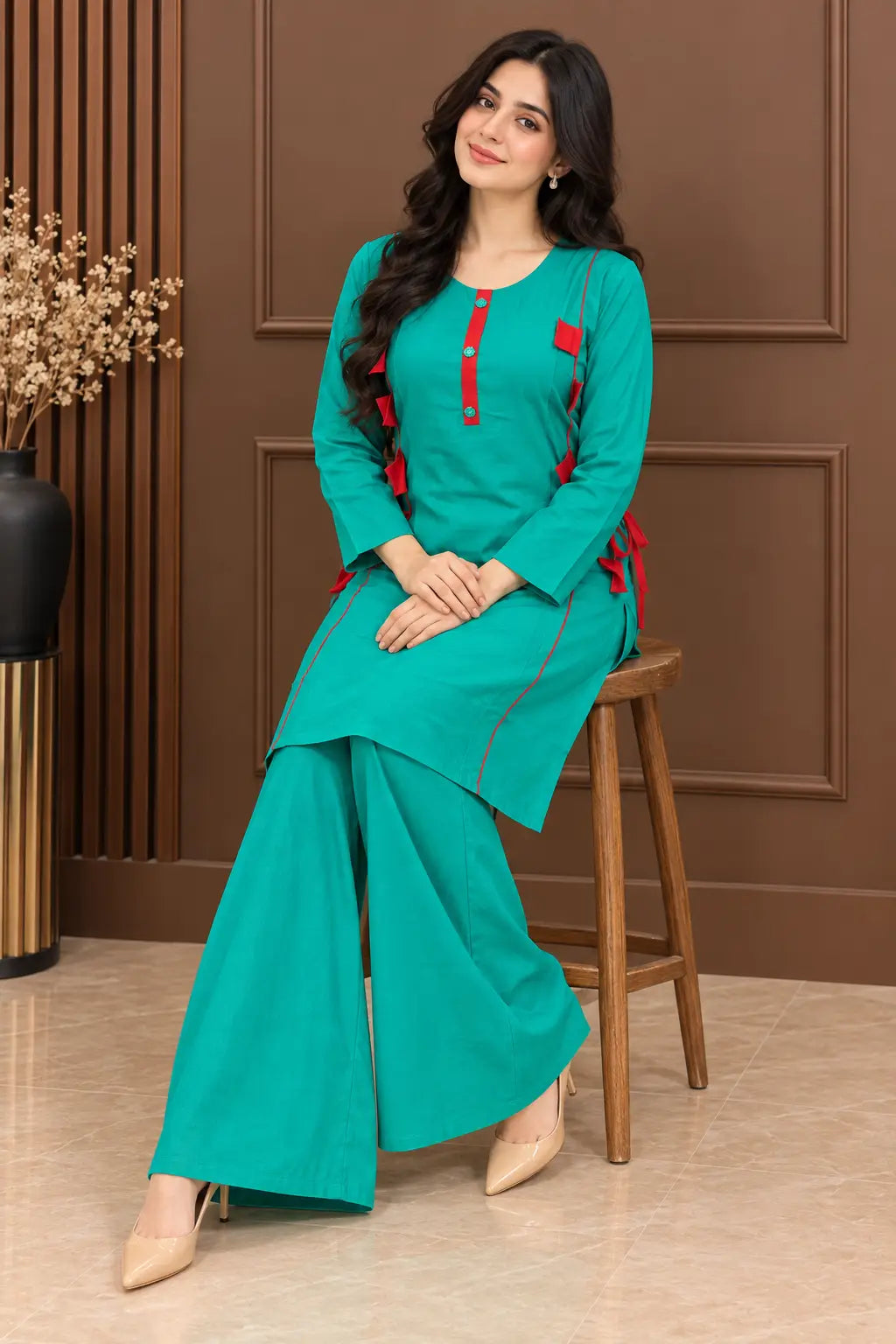 2 Pcs Women's Stitched Linen Plain Shirt And Trouser