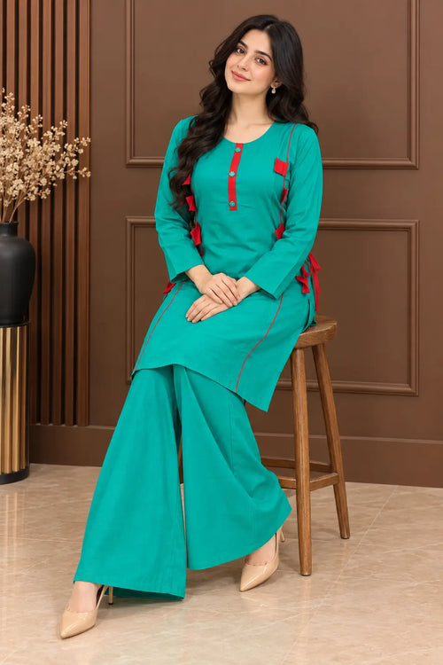 2 Pcs Women's Stitched Linen Plain Shirt And Trouser