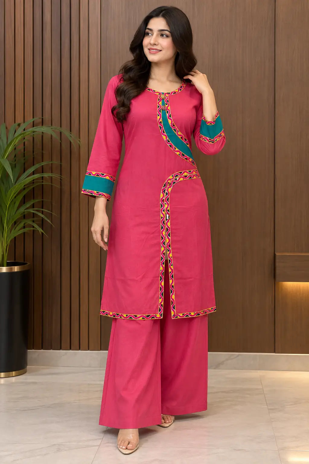 2 Pcs Women's Stitched Linen Plain Shirt And Trouser