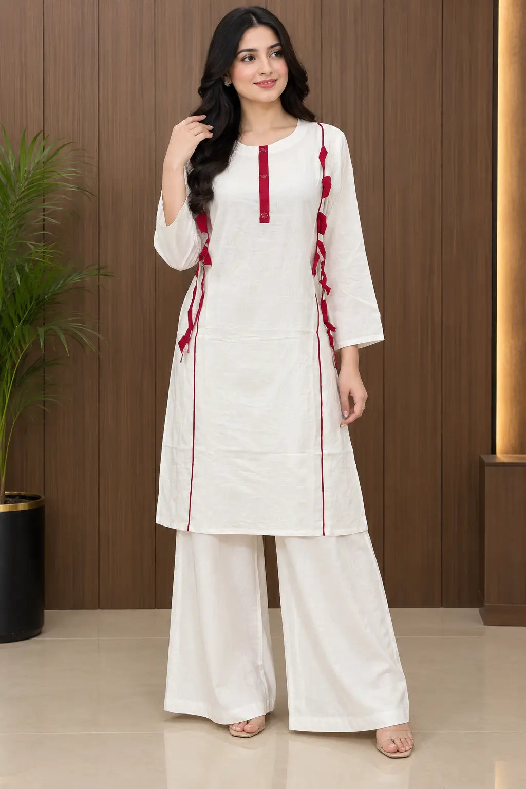2 Pcs Women's Stitched Linen Plain Shirt And Trouser