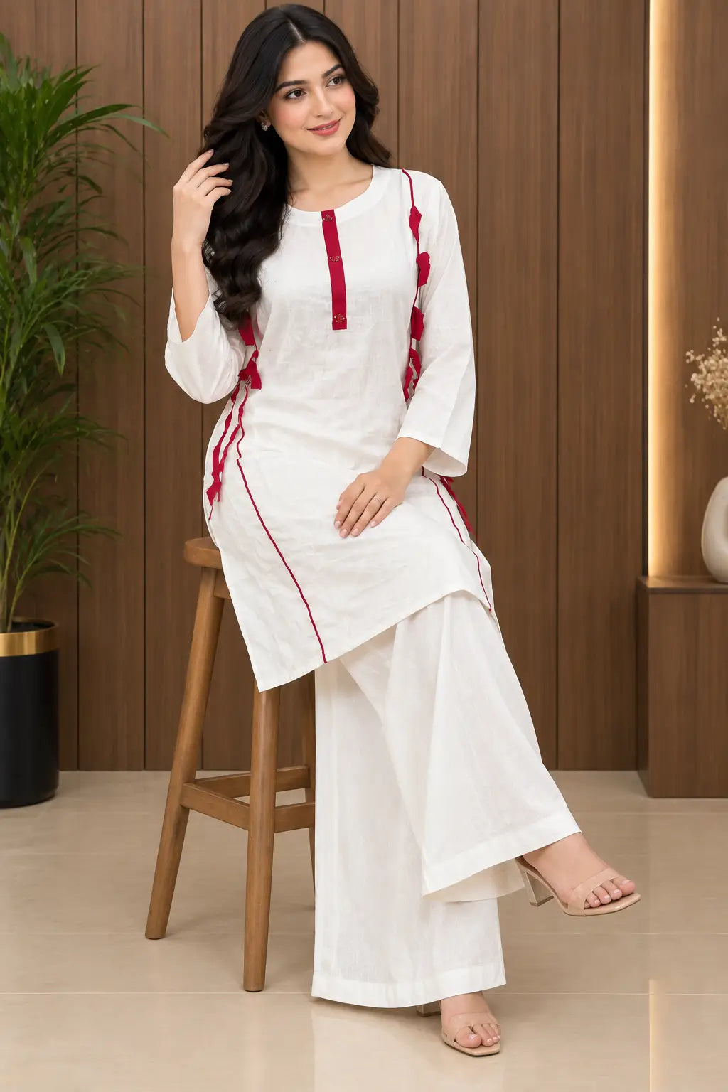 2 Pcs Women's Stitched Linen Plain Shirt And Trouser