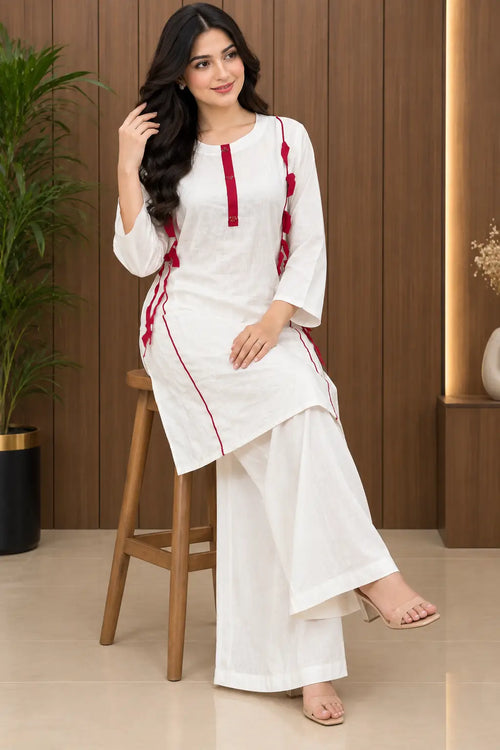 2 Pcs Women's Stitched Linen Plain Shirt And Trouser