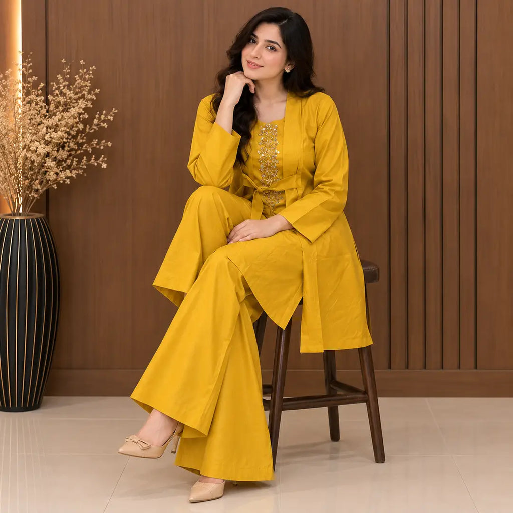 3 Pcs Women's Stitched Linen Hand Work Gown Set