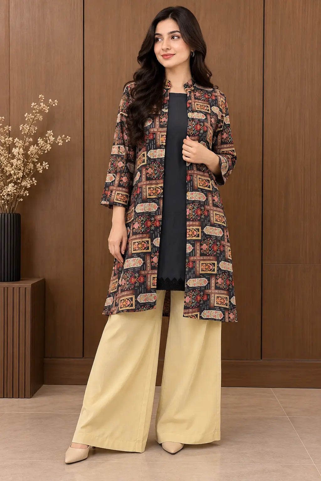 2 Pcs Women's Stitched Linen Printed Frock And Trouser