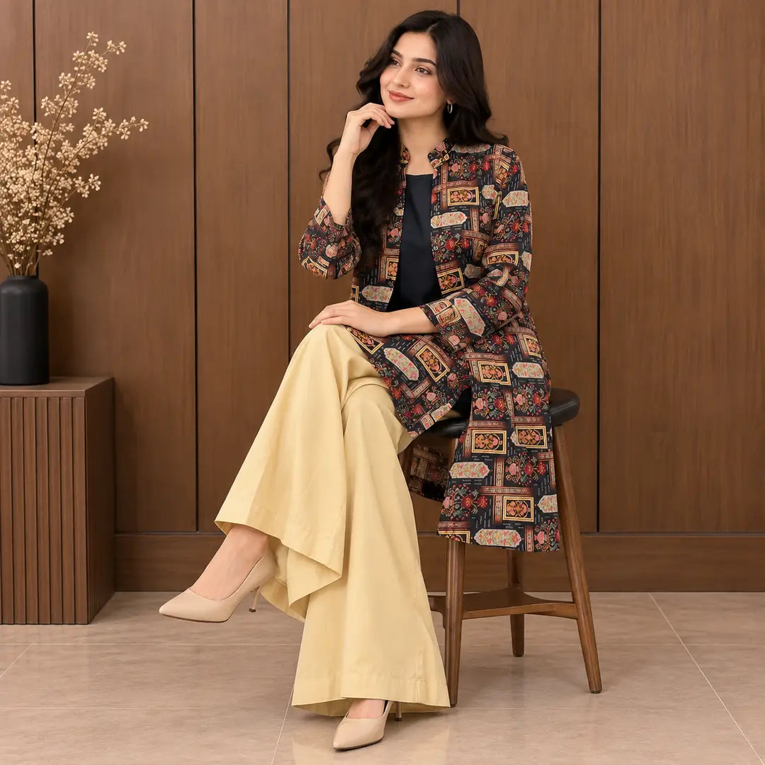 2 Pcs Women's Stitched Linen Printed Frock And Trouser
