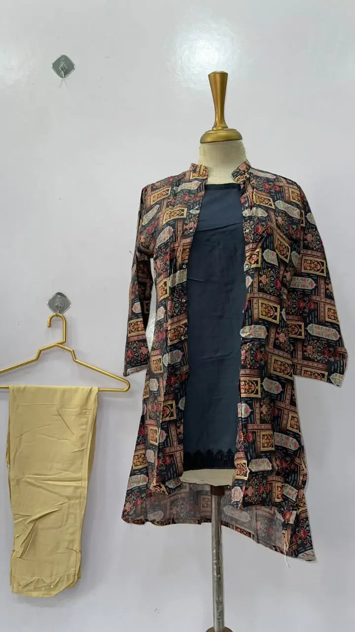2 Pcs Women's Stitched Linen Printed Frock And Trouser