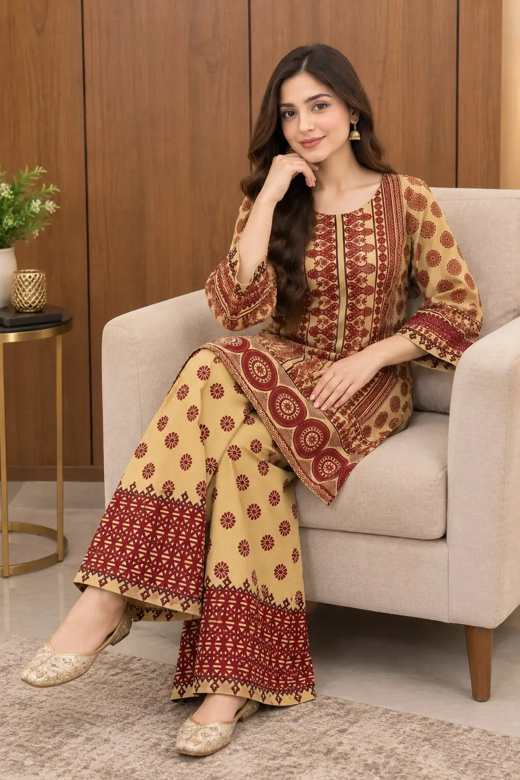 2Pcs Women's Stitched Grip Silk Printed Co Ord Set (Saloni)