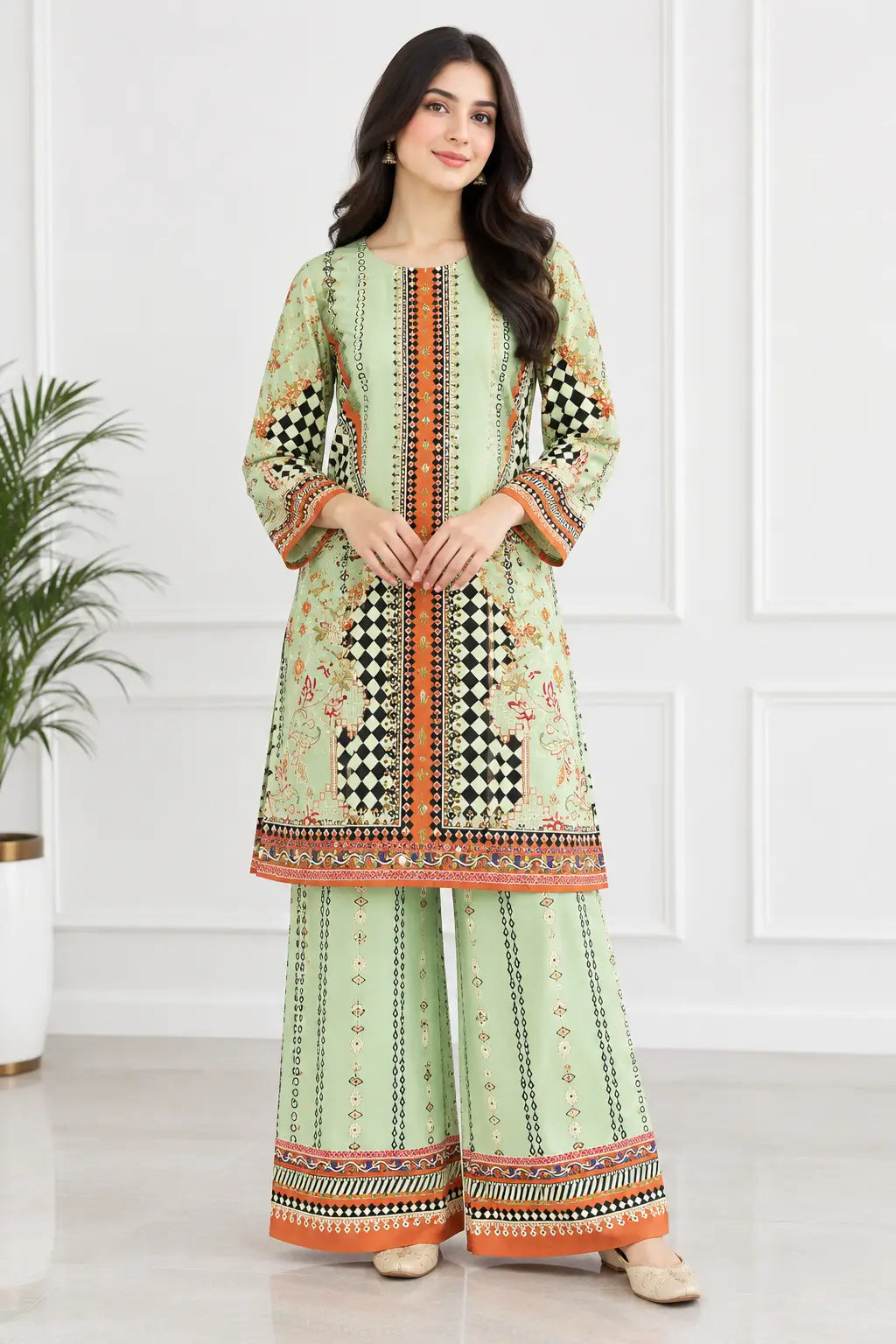 2Pcs Women's Stitched Grip Silk Printed Co Ord Set (Rubi)