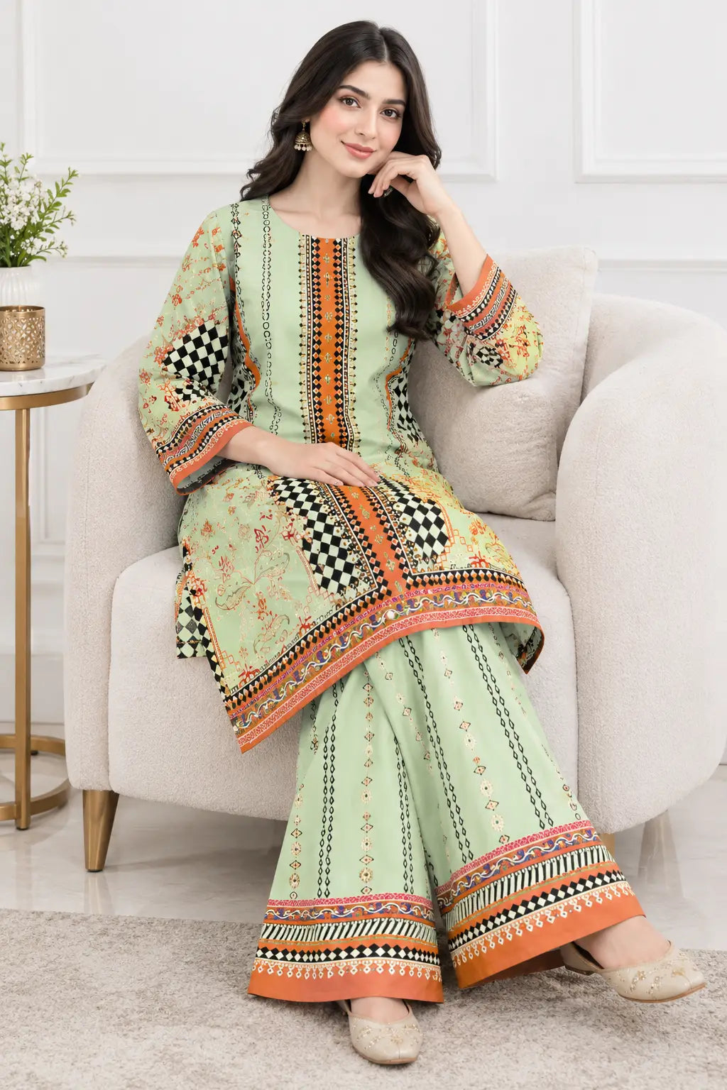 2Pcs Women's Stitched Grip Silk Printed Co Ord Set (Rubi)