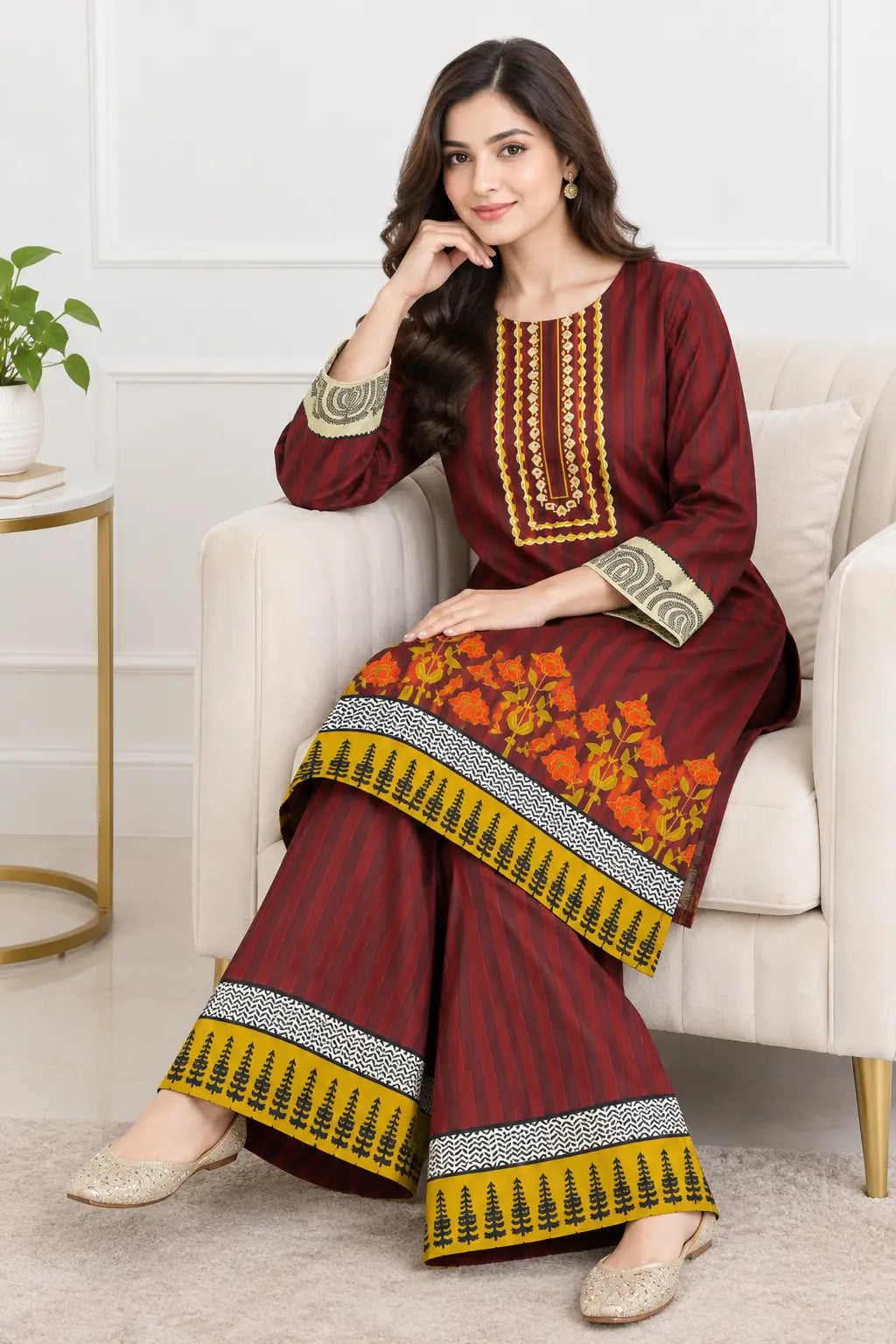2Pcs Women's Stitched Grip Silk Printed Co Ord Set (Sonia)