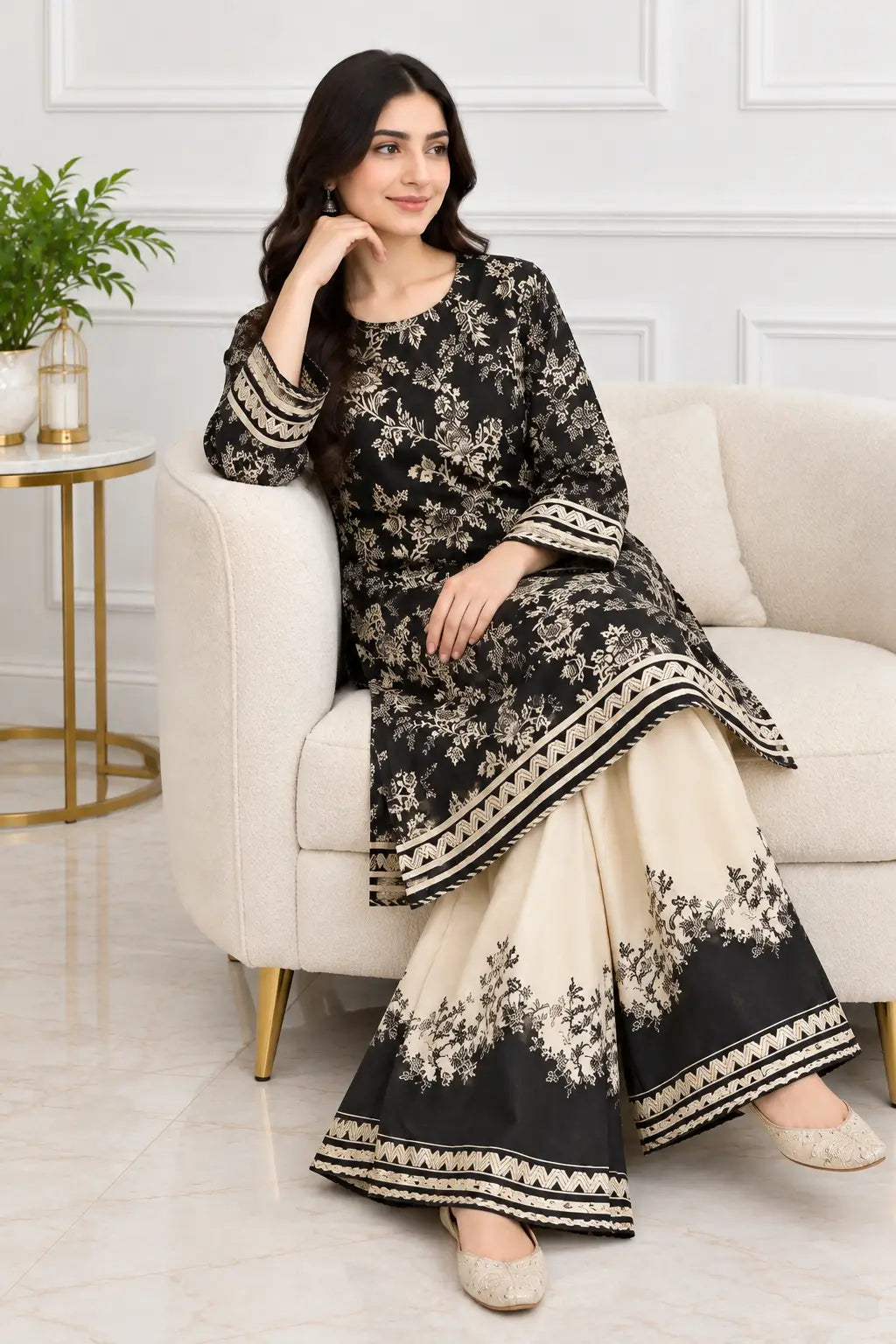 2Pcs Women's Stitched Grip Silk Printed Co Ord Set (Blush)
