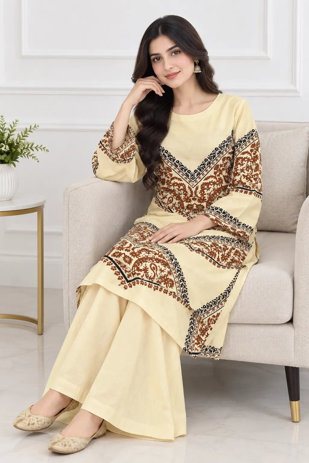2Pcs Women's Stitched Grip Silk Printed Co Ord Set (Bebo)