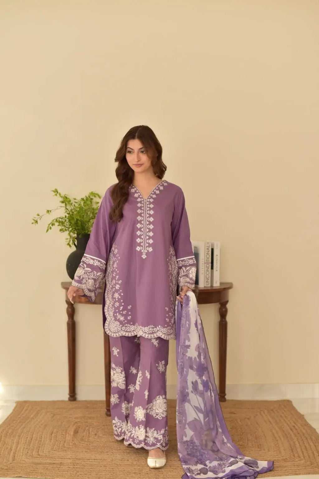 Lavender 3 Pcs Women's Stitched Linen Embroidered Suit