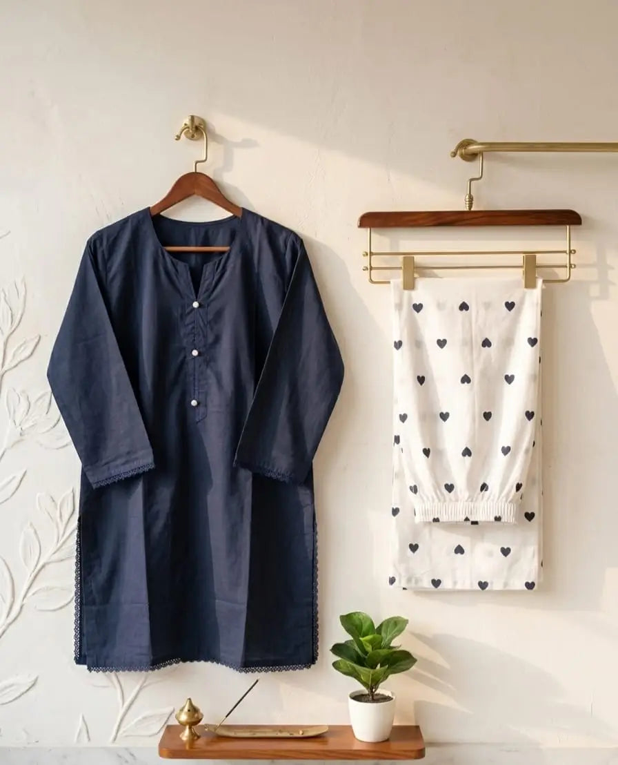 Trending 2 Pcs Women's Stitched Cotton heart style Shirt And printedTrouser