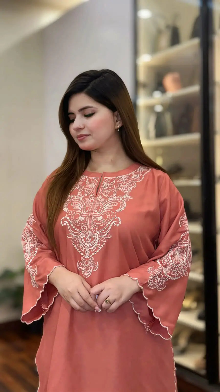 2 Pcs Women's Stitched Linen Embroidered Shirt And Trouser