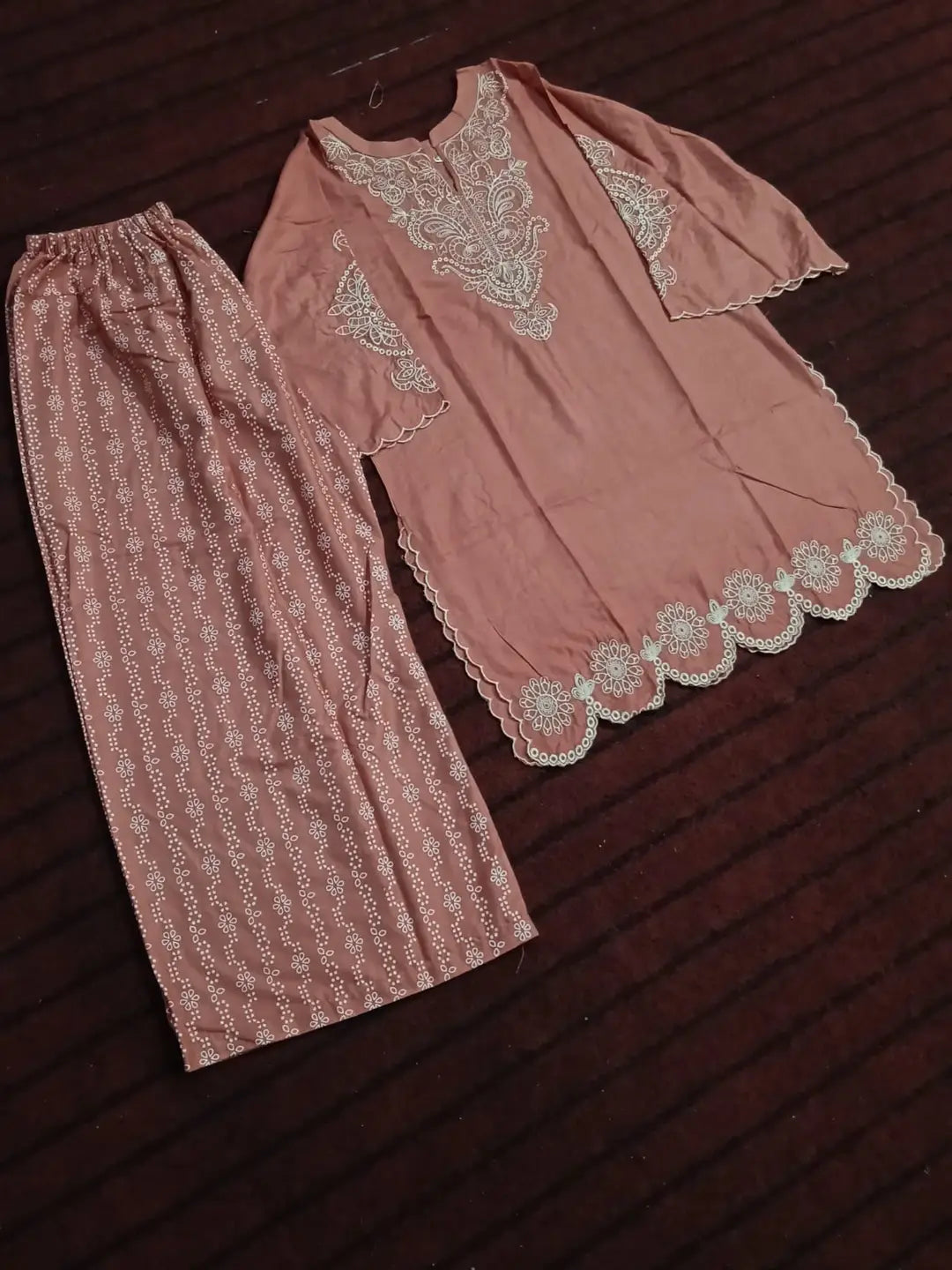 2 Pcs Women's Stitched Linen Embroidered Shirt And Trouser