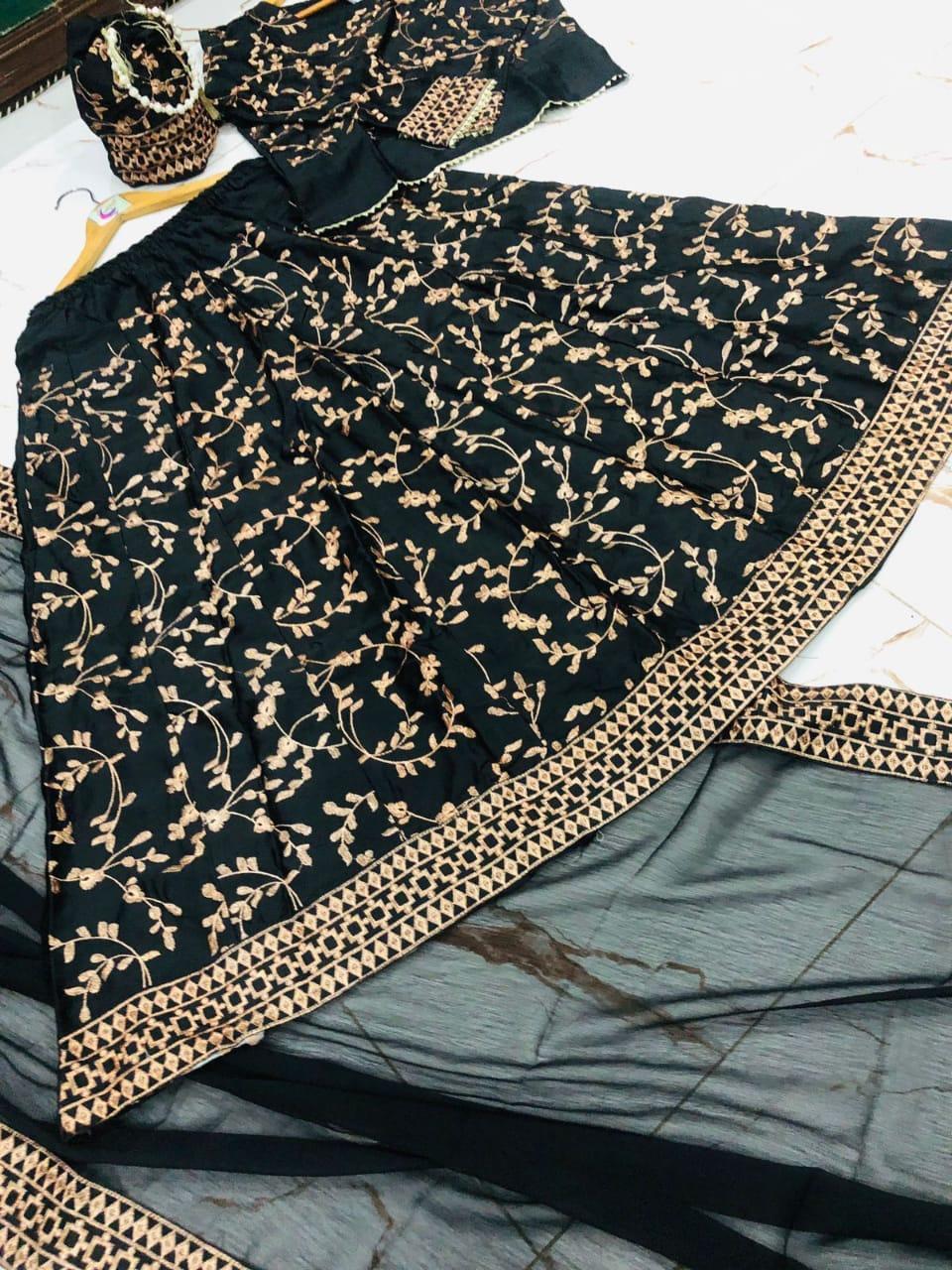 Black Lehenga Choli Set Shamoz Silk 4-Piece Embroidered