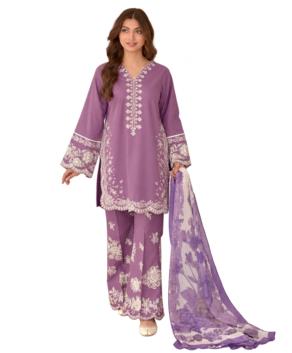 Lavender 3 Pcs Women's Stitched Linen Embroidered Suit